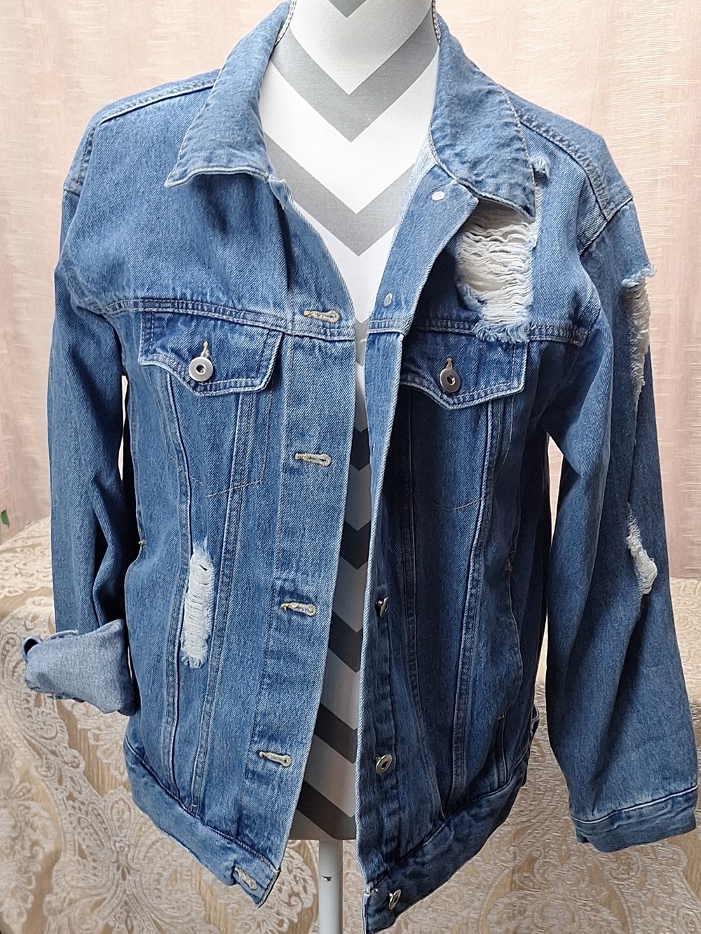 Love Tree Blue Distressed Jean Jacket - Women's Size M